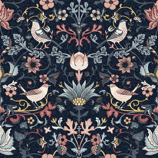 Garden Visitors Wallpaper - Shades of Rose and Mineral on Royal Navy - LAN100008 - Lucie Annabel - Premier Wallcovering