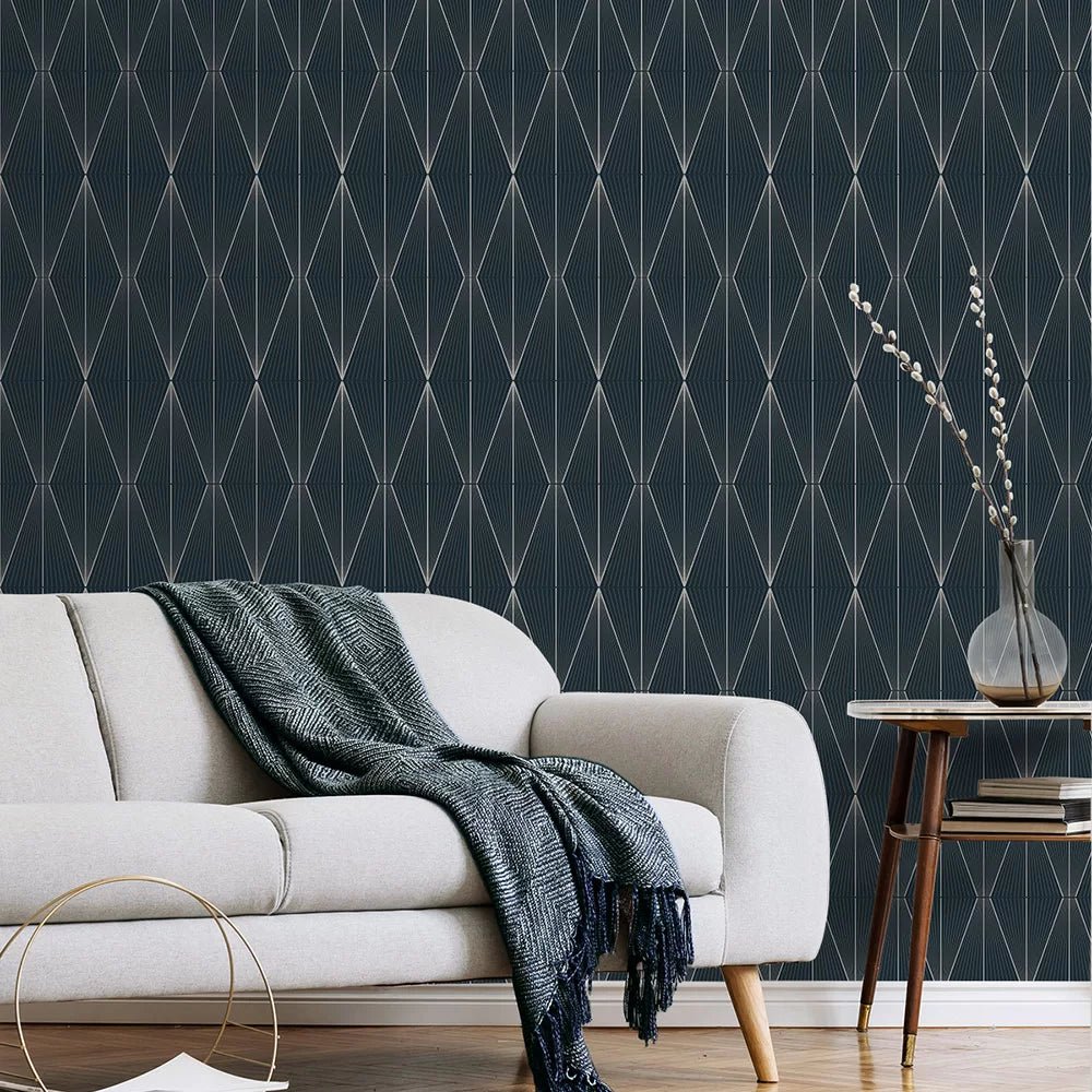 Geo Diamond Wallpaper - Blue Denim & Pewter - NextWall - NW55802 - Premier Wallcovering