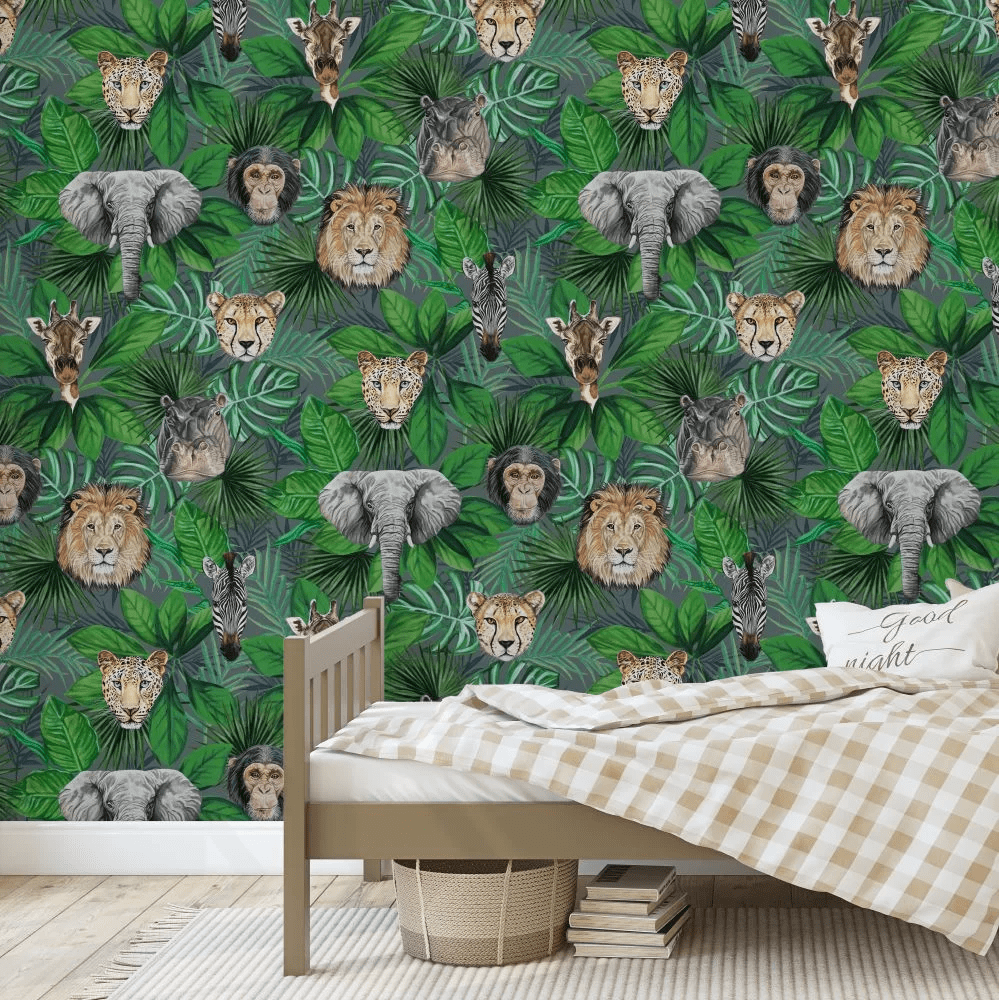 Geoffrey & Friends Wallpaper - Green - The Graduate Collection - AB1JUNGLEDARK - Premier Wallcovering