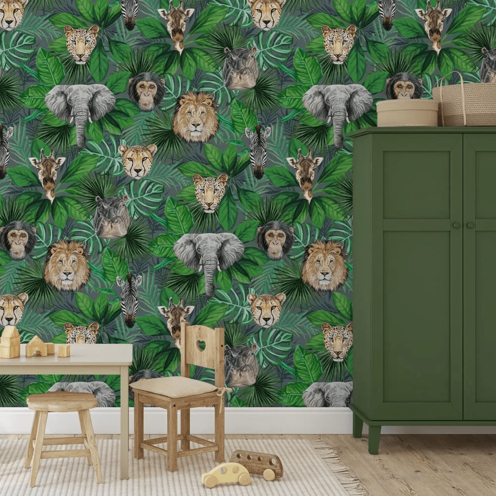 Geoffrey & Friends Wallpaper - Green - The Graduate Collection - AB1JUNGLEDARK - Premier Wallcovering