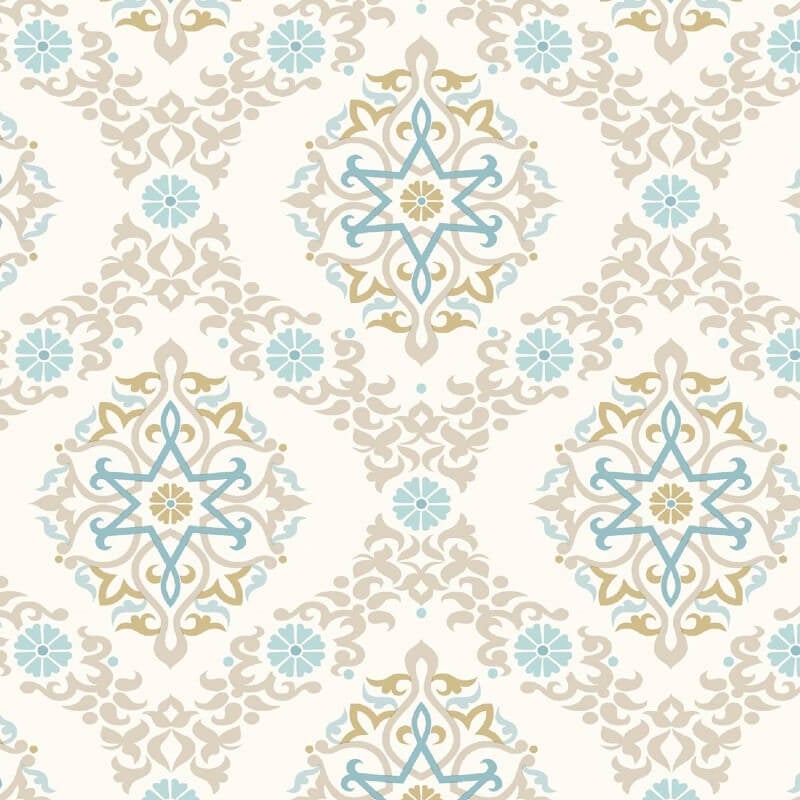 Geometric Damask Wallpaper - Stone/Blue - SK Filson - SK10007 - Premier Wallcovering