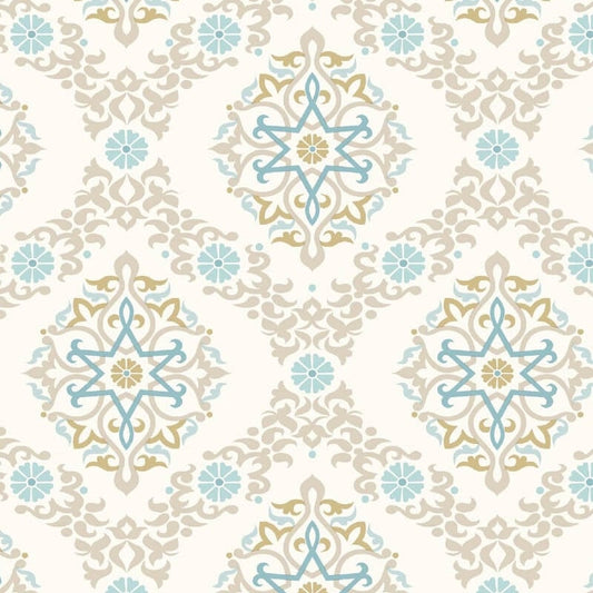 Geometric Damask Wallpaper - Stone/Blue - SK Filson - SK10007 - Premier Wallcovering
