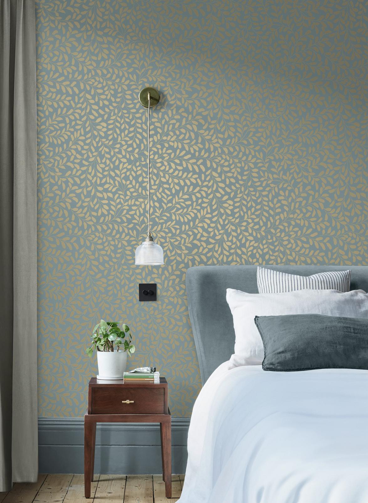 Gilded Leaf Wallpaper - Sky Blue & Pale Gold - Graham & Brown - 130368 - Premier Wallcovering