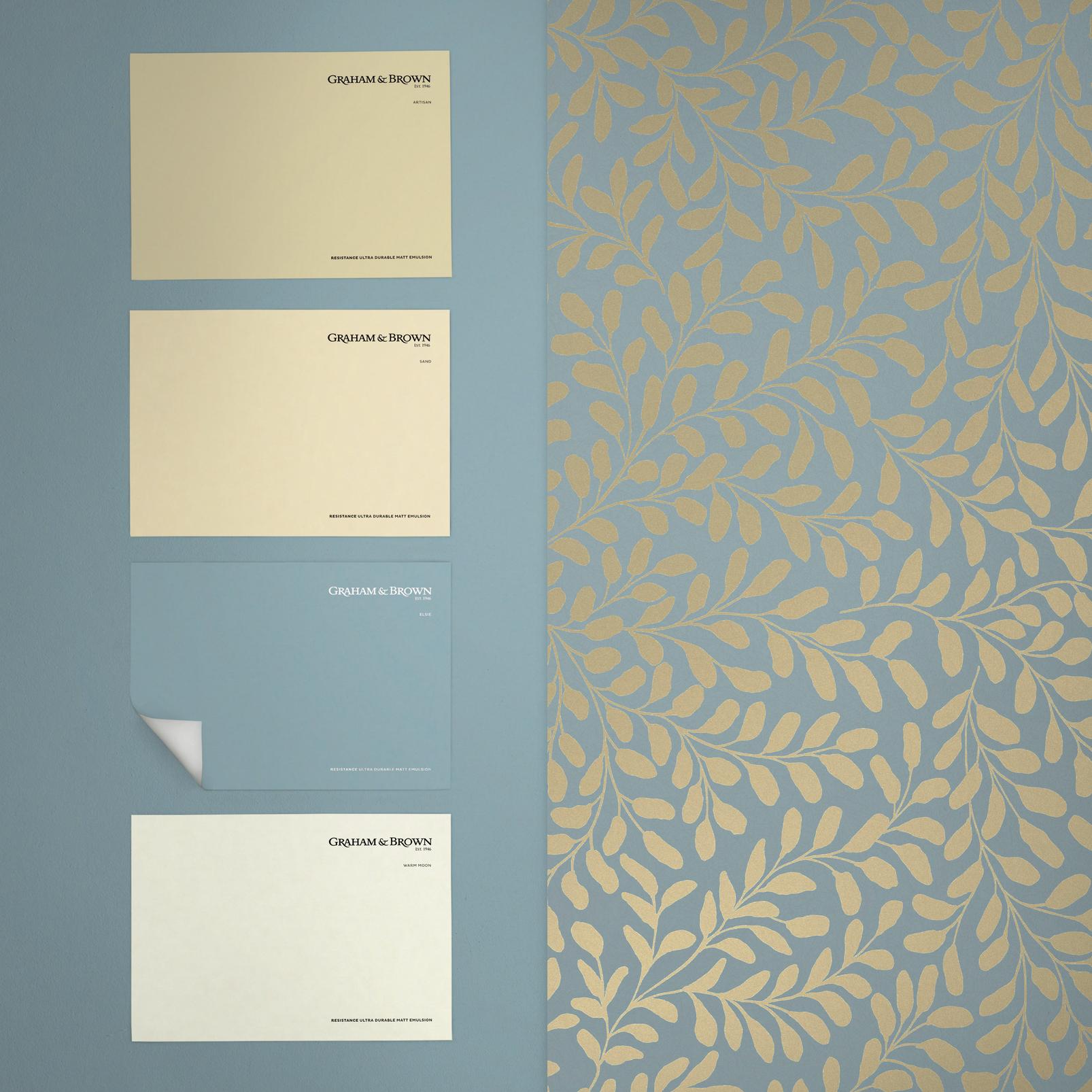 Gilded Leaf Wallpaper - Sky Blue & Pale Gold - Graham & Brown - 130368 - Premier Wallcovering