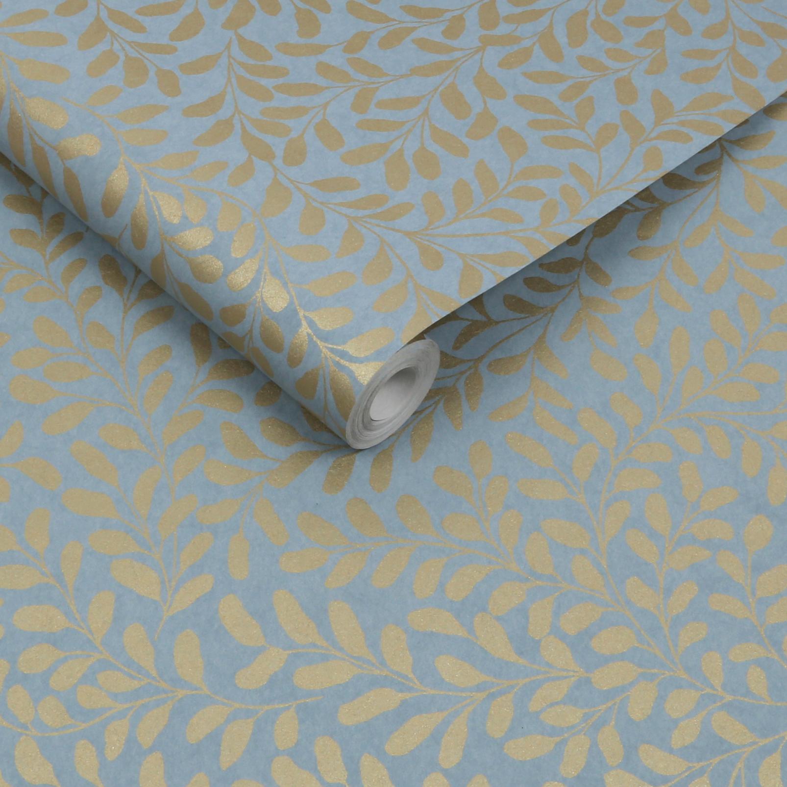 Gilded Leaf Wallpaper - Sky Blue & Pale Gold - Graham & Brown - 130368 - Premier Wallcovering