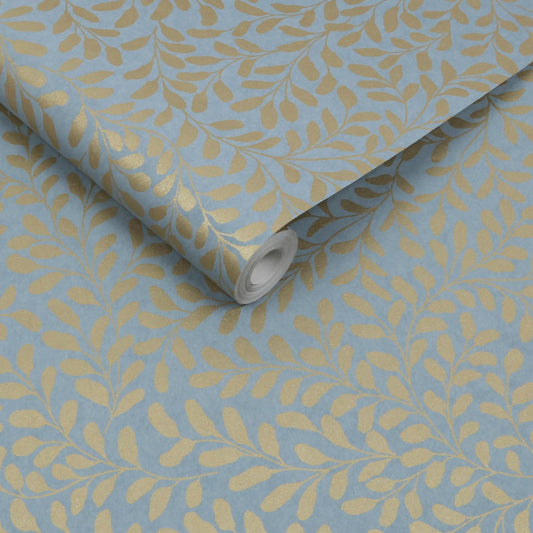 Gilded Leaf Wallpaper - Sky Blue & Pale Gold - Graham & Brown - 130368 - Premier Wallcovering