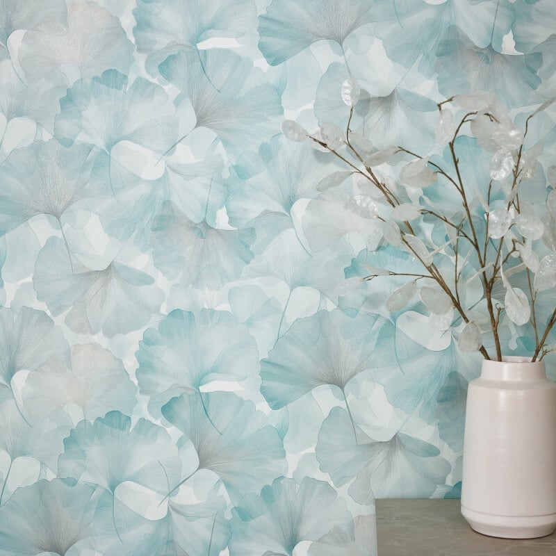 Ginko Dream Floral Metallic Wallpaper - Green/Teal - Erismann - 10470 - 18 - Premier Wallcovering