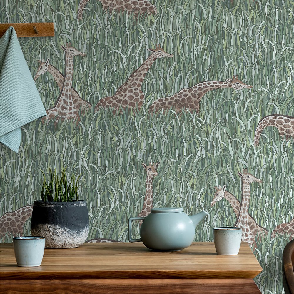 Giraffes Wallpaper - Aqua - Josephine Munsey - JMW-104911 - Premier Wallcovering