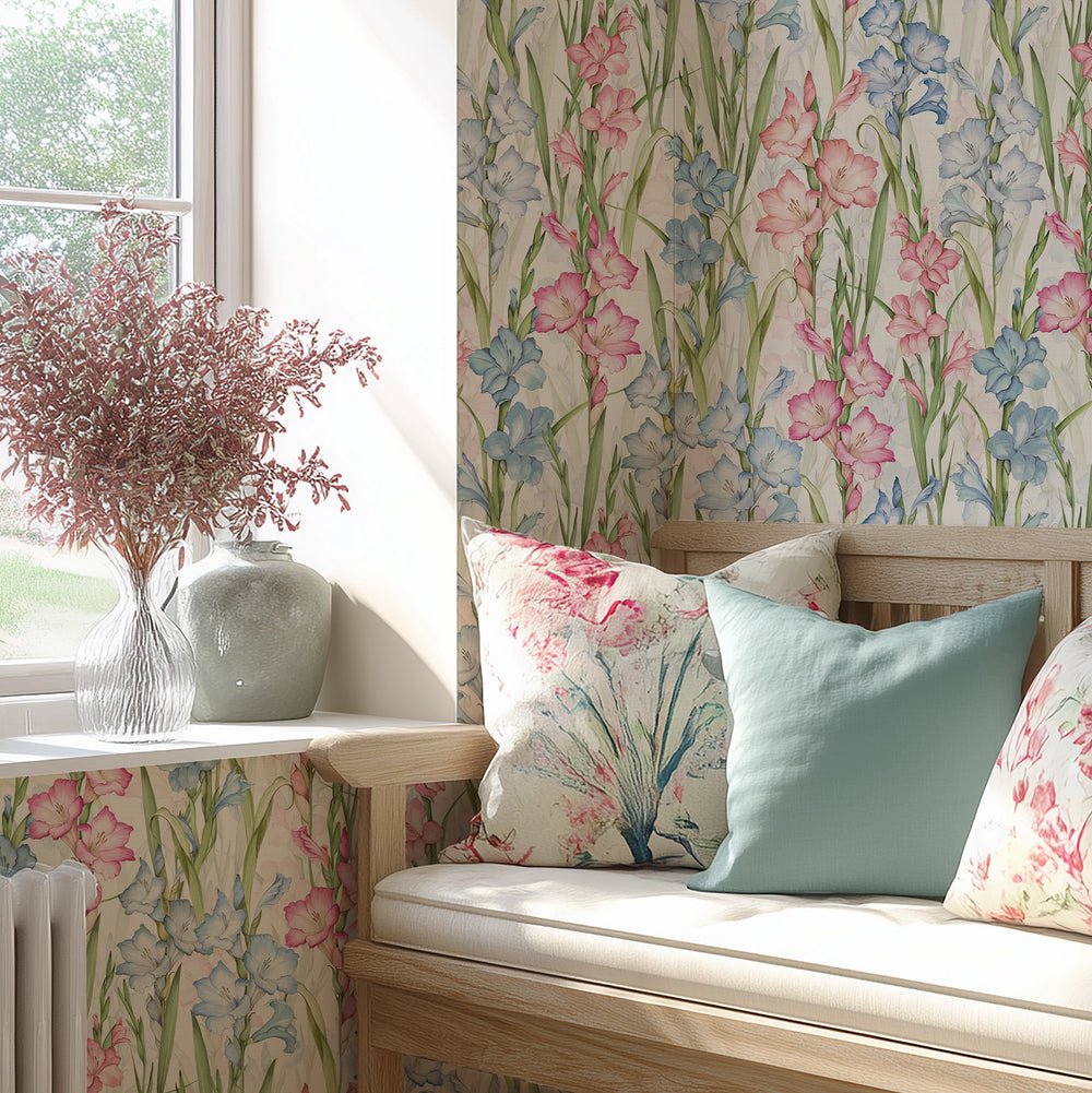 Gladioli Wallpaper - Spring Pinks and Blues - Lucie Annabel - LAN100451 - Premier Wallcovering