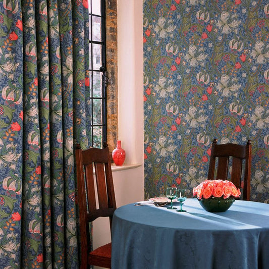 Golden Lily Minor Fabric - Biscuit/Indigo/Red - Morris & Co - DMC1G4203 - Premier Wallcovering