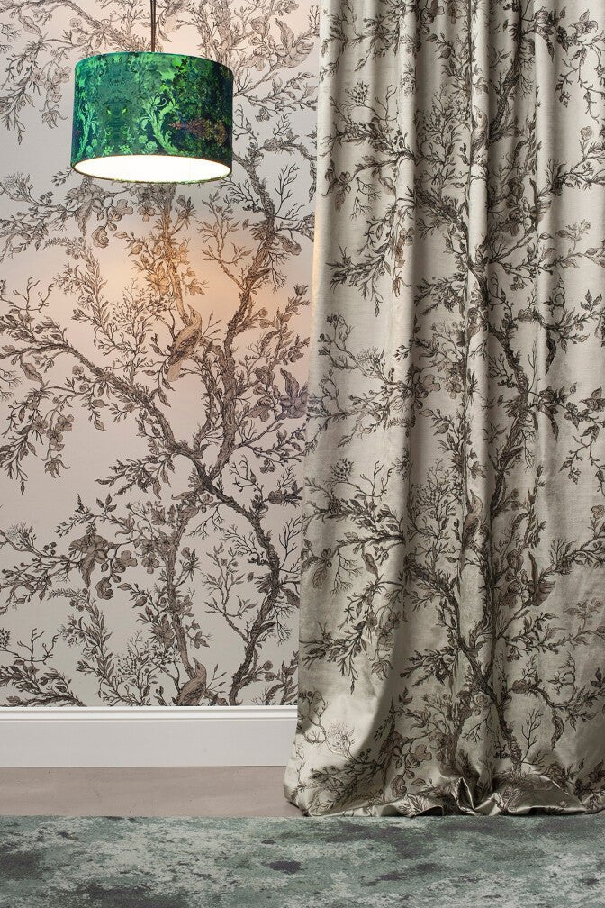 Golden Oriole Velvet Fabric - Black & Gold on Sage - Timorous Beasties - GOR/40901/01 - Premier Wallcovering