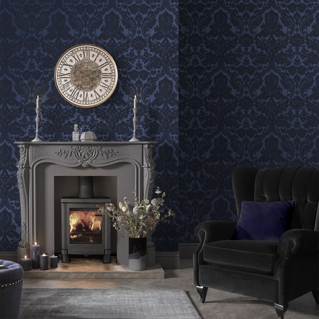 Gothic Damask Flock Wallpaper - Cobalt - Graham & Brown - 104563 - Premier Wallcovering