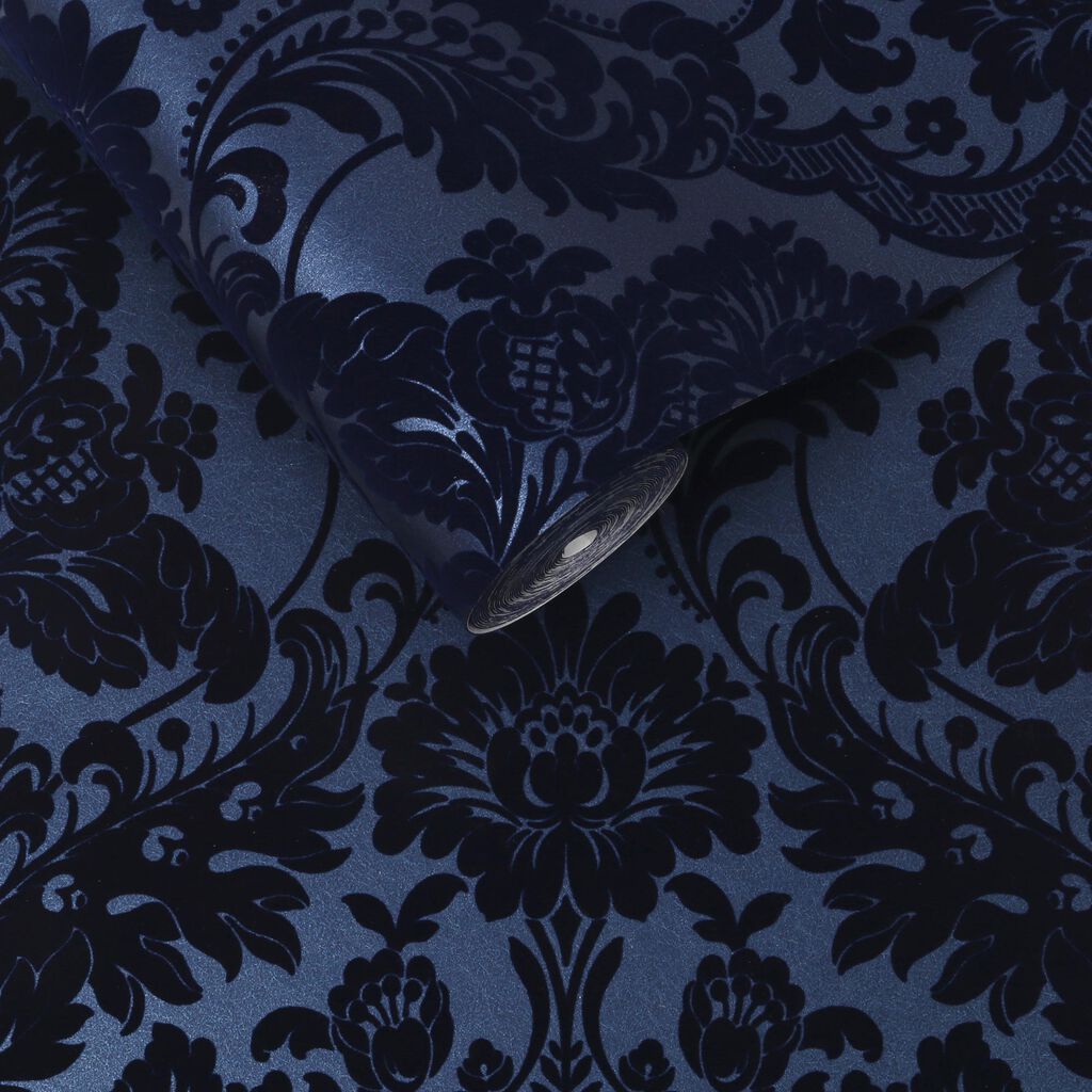 Gothic Damask Flock Wallpaper - Cobalt - Graham & Brown - 104563 - Premier Wallcovering
