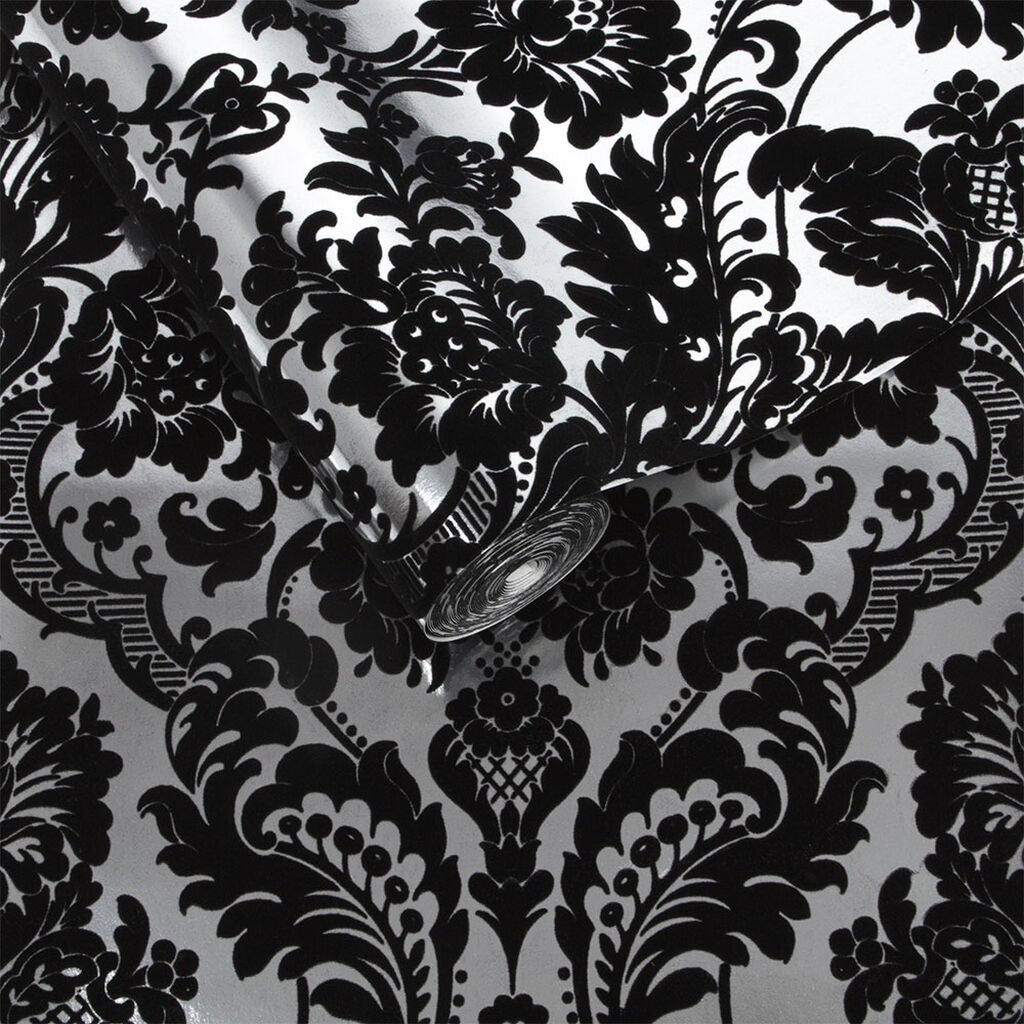 Gothic Damask Flock Wallpaper - Black Silver - Graham & Brown - 104562 - Premier Wallcovering