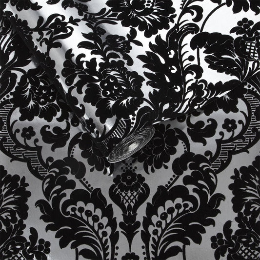 Gothic Damask Flock Wallpaper - Black Silver - Graham & Brown - 104562 - Premier Wallcovering