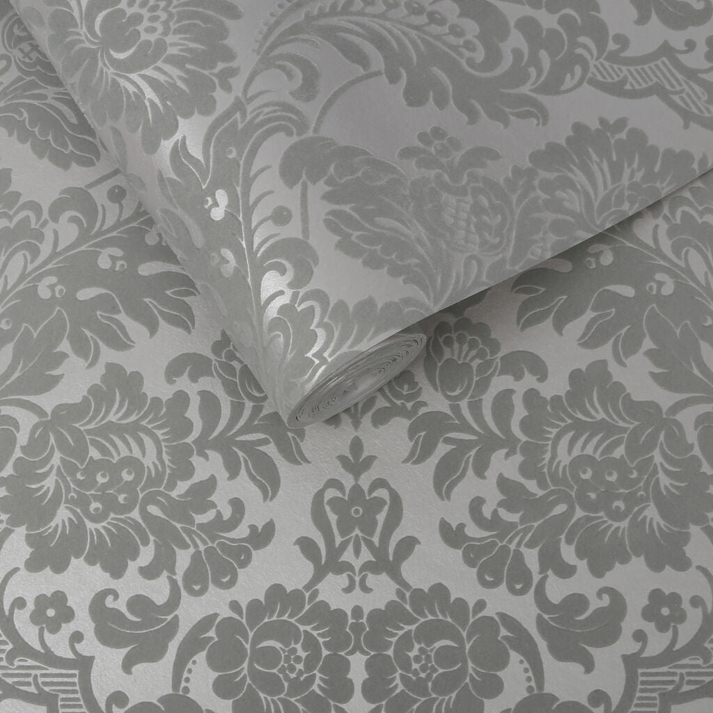 Gothic Damask Flock Wallpaper - Grey Silver - Graham & Brown - 104564 - Premier Wallcovering