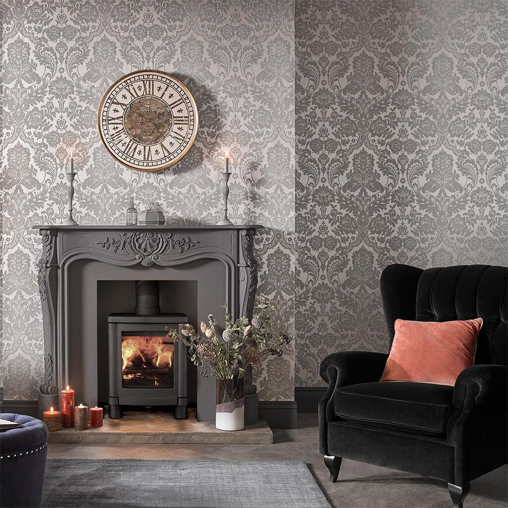 Gothic Damask Flock Wallpaper - Grey Silver - Graham & Brown - 104564 - Premier Wallcovering