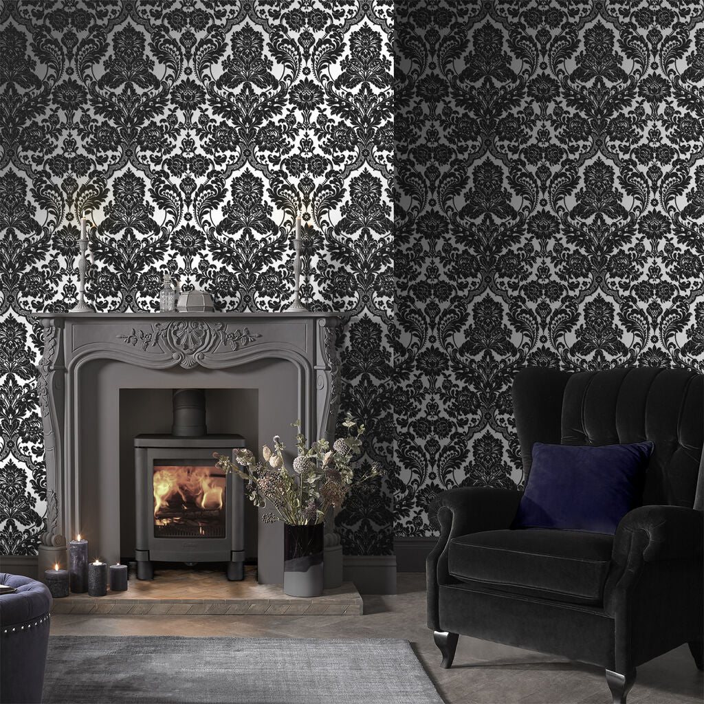 Gothic Damask Flock Wallpaper - Black Silver - Graham & Brown - 104562 - Premier Wallcovering