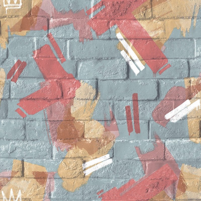 Graffiti Brush Brick Wallpaper - Teal/Ochre - Muriva - M46604 - Premier Wallcovering