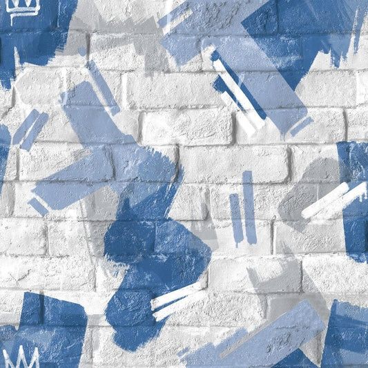 Graffiti Brush Brick Wallpaper - White/Blue - Muriva - M46601 - Premier Wallcovering