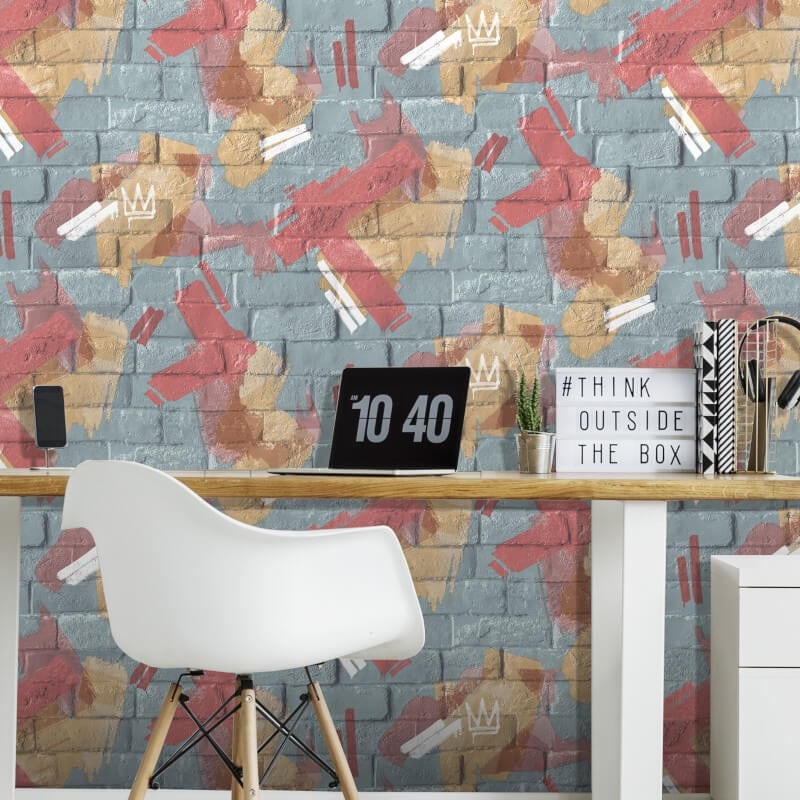 Graffiti Brush Brick Wallpaper - Teal/Ochre - Muriva - M46604 - Premier Wallcovering