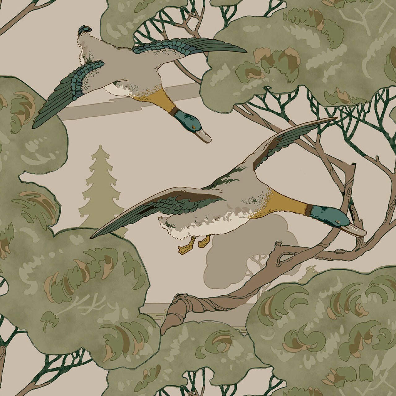 Grand Flying Duck Wallpaper - Emerald - Mulberry Home - FG102/S16 - Premier Wallcovering