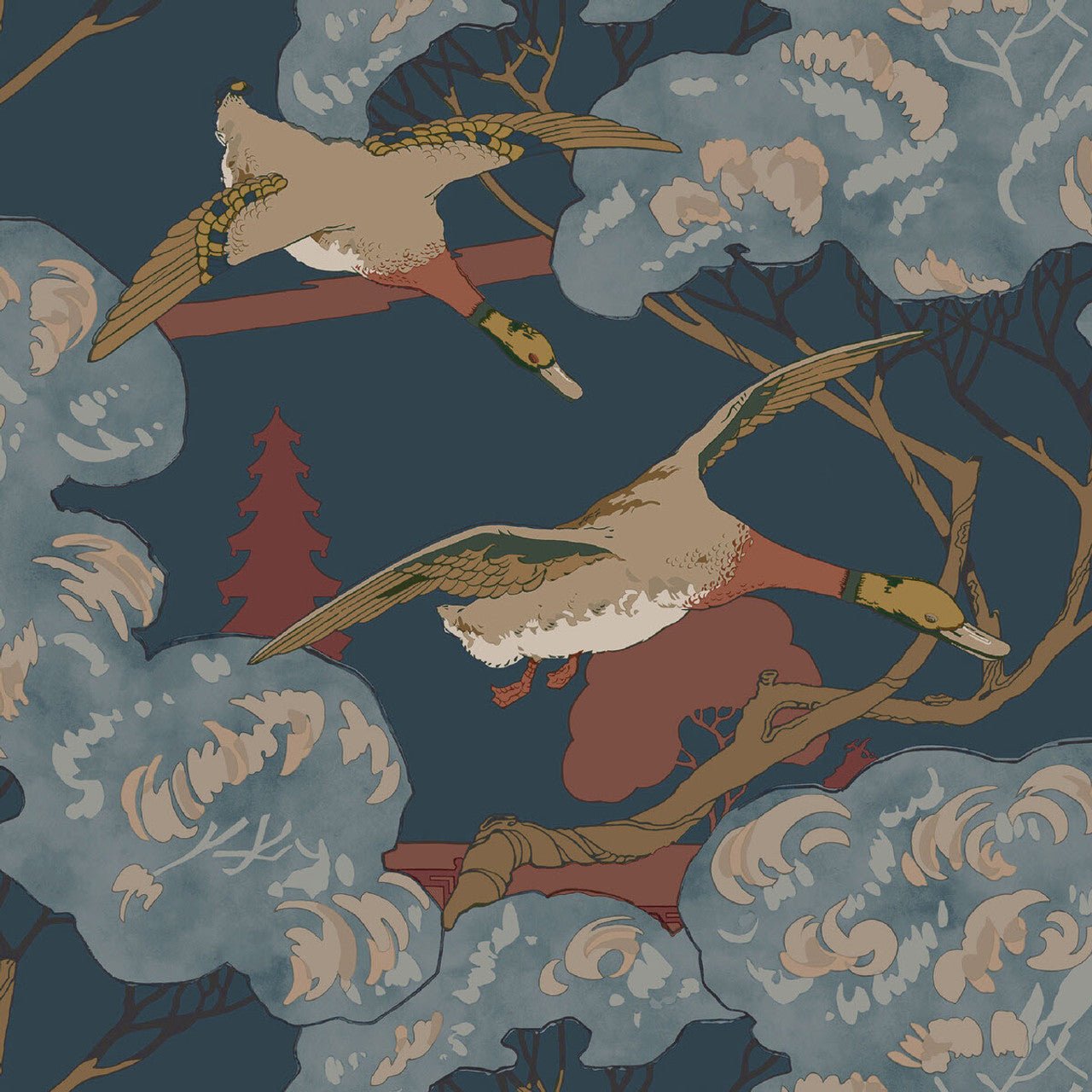 Grand Flying Duck Wallpaper - Red / Blue - Mulberry Home - FG102/V110 - Premier Wallcovering