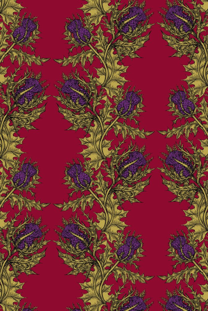 Grand Thistle Hand Printed Wallpaper - Gold & Purple on Red - Timorous Beasties - EX/GRN/4005/07 - Premier Wallcovering
