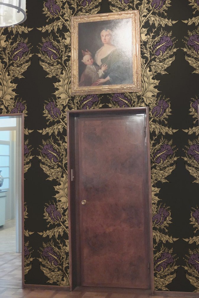 Grand Thistle Wallpaper - Gold & Purple on Black - Timorous Beasties - EX/GRN/4007/WNW - Premier Wallcovering