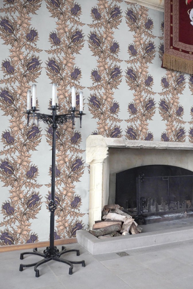 Grand Thistle Wallpaper - Gold & Purple on Pale Blue - Timorous Beasties - EX/GRN/4232/WNW - Premier Wallcovering