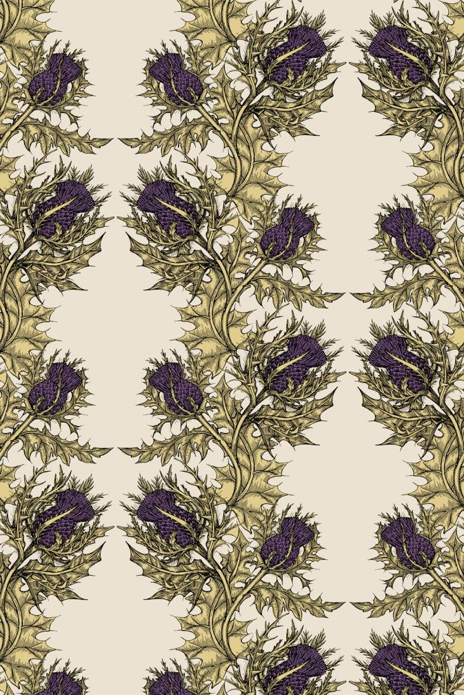 Grand Thistle Wallpaper - Gold & Purple on Cream - Timorous Beasties - EX/GRN/4004/WNW - Premier Wallcovering