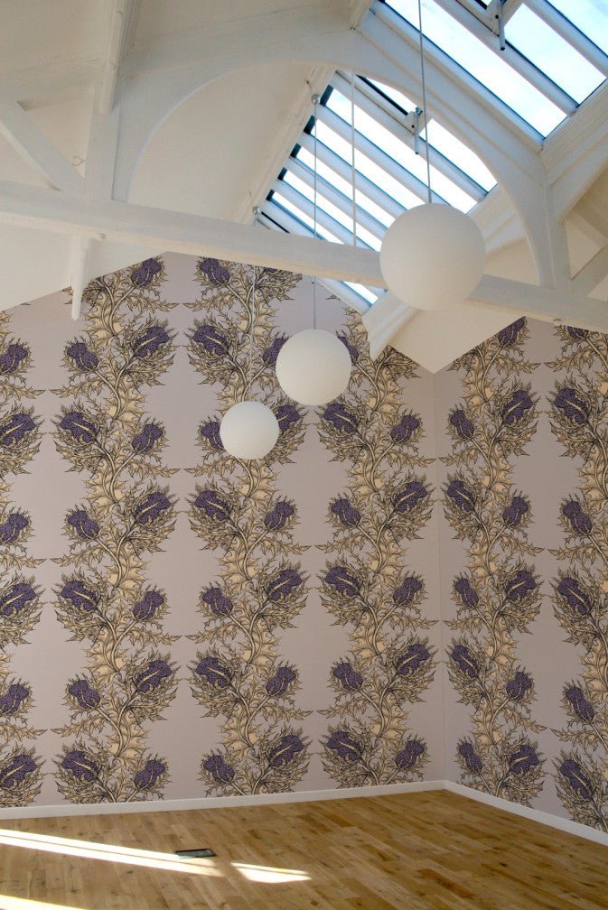 Grand Thistle Wallpaper - Gold & Purple on Stone - Timorous Beasties - EX/GRN/4008/WNW - Premier Wallcovering
