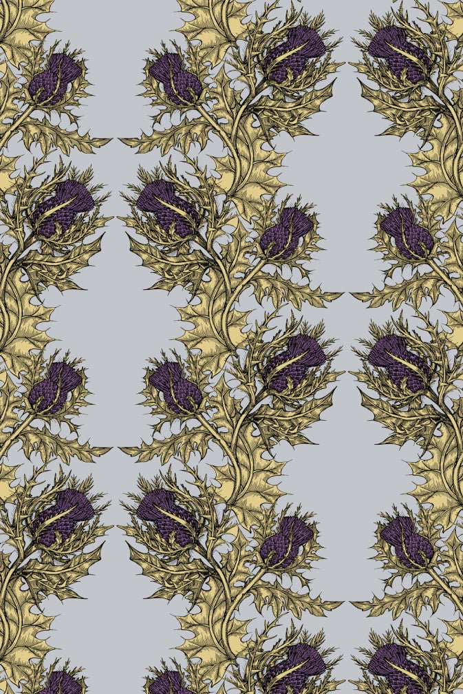 Grand Thistle Wallpaper - Gold & Purple on Pale Blue - Timorous Beasties - EX/GRN/4232/WNW - Premier Wallcovering