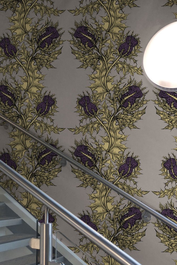 Grand Thistle Wallpaper - Gold & Purple on Grey - Timorous Beasties - EX/GRN/5006/WNW - Premier Wallcovering