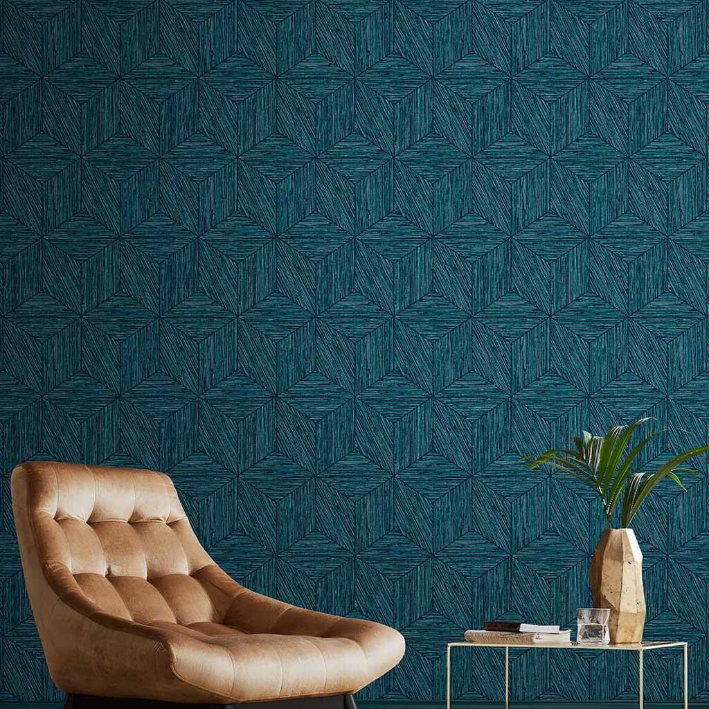 Grasscloth Geo Wallpaper - Teal - Graham & Brown - 111728 - Premier Wallcovering