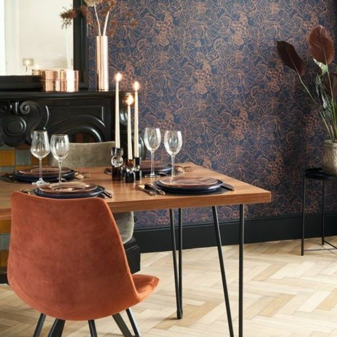 Gravure 1930 Wallpaper - Bleu And Cuivre - Casadeco - 85726526 - Premier Wallcovering