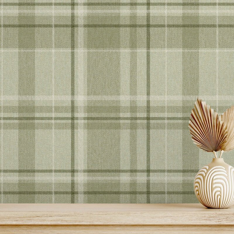 Harris Check Wallpaper - Green - Crown - M1865 - Premier Wallcovering