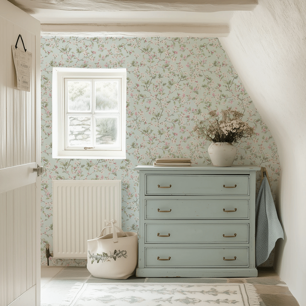 Hawthorn Blossom Wallpaper - Duck Egg - Lucie Annabel - LAN100424 - Premier Wallcovering
