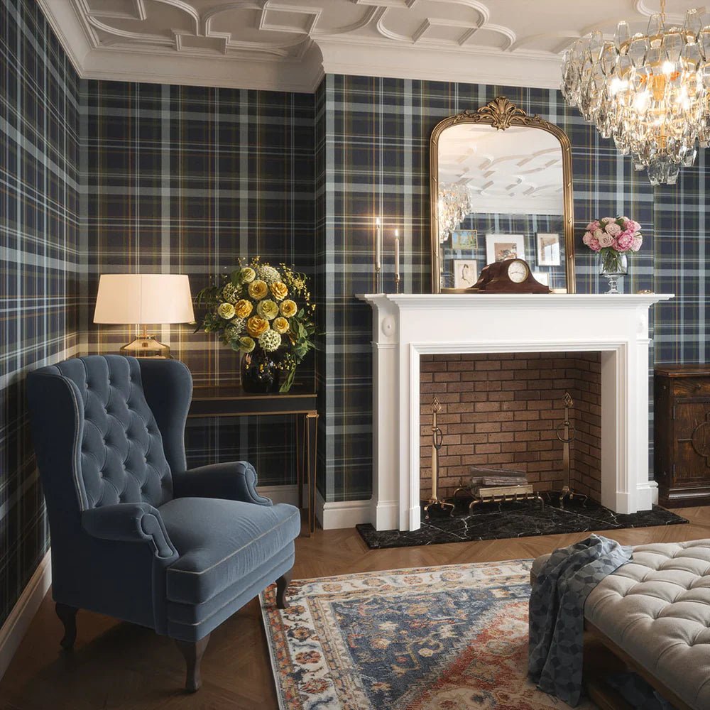 Heritage Tartan Wallpaper - Egyptian Blue and Mineral - LAN100078 - Lucie Annabel - Premier Wallcovering