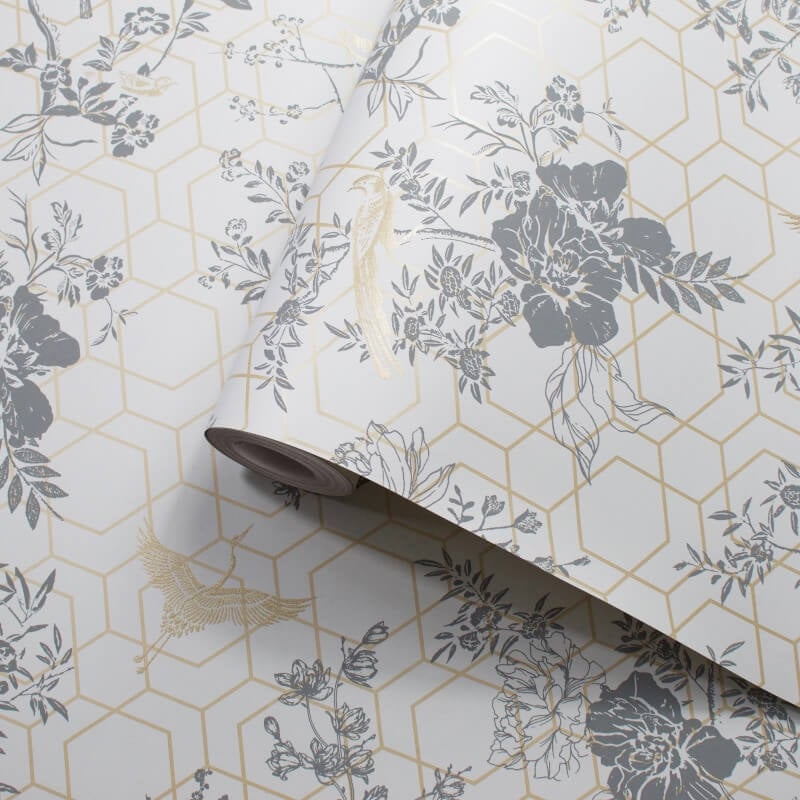 Himara Geo Floral Metallic Wallpaper - Grey/Gold - Lipsy London - 144072 - Premier Wallcovering