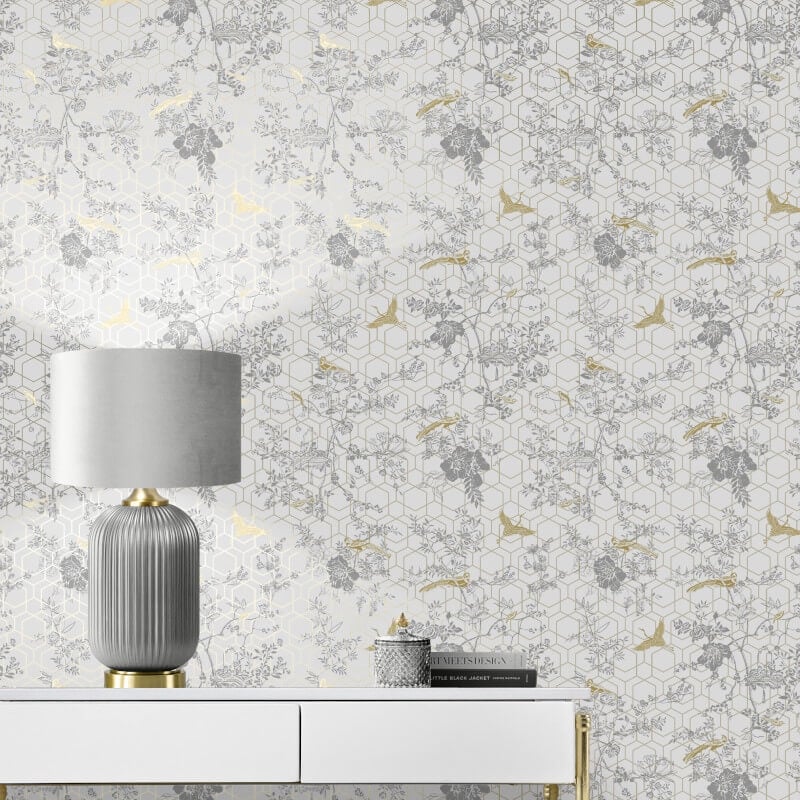 Himara Geo Floral Metallic Wallpaper - Grey/Gold - Lipsy London - 144072 - Premier Wallcovering