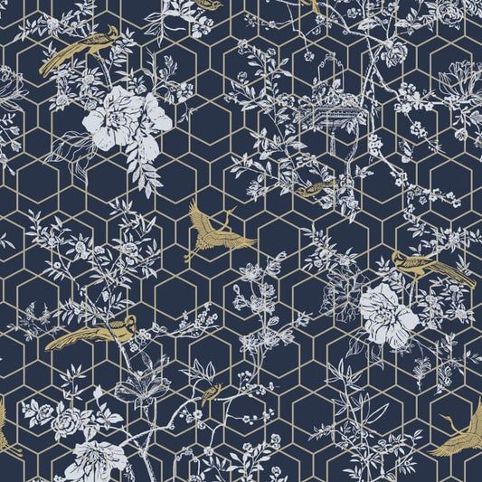 Himara Geo Floral Metallic Wallpaper - Blue/Gold - Lipsy London - 144070 - Premier Wallcovering