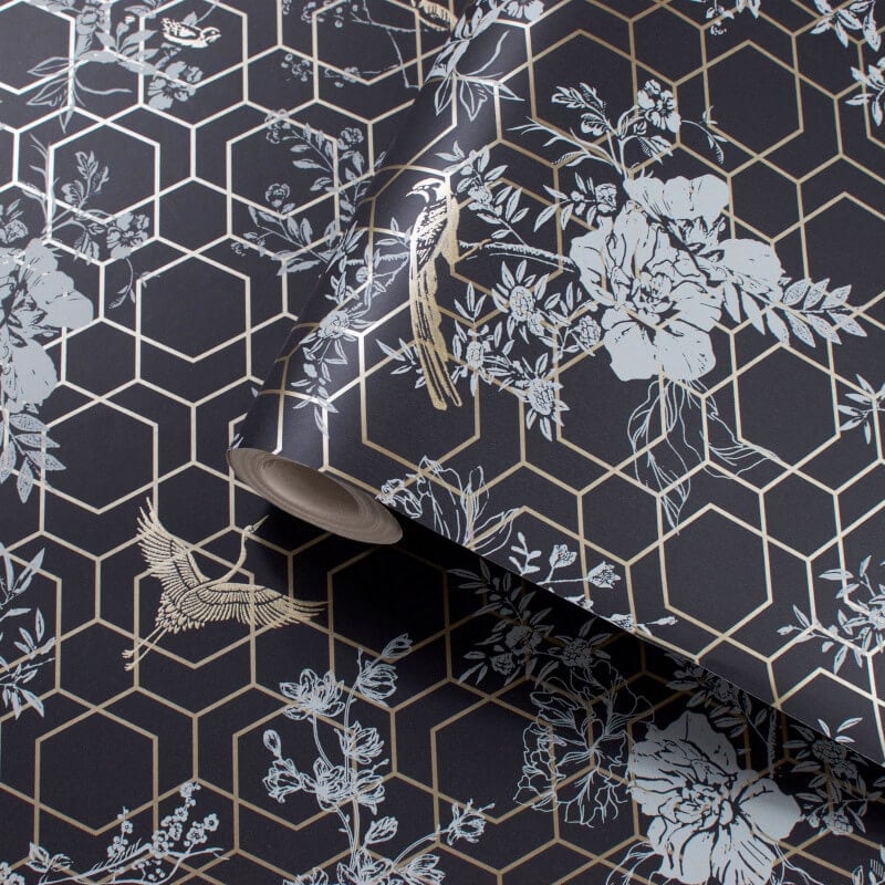 Himara Geo Floral Metallic Wallpaper - Charcoal/Gold - Lipsy London - 144071 - Premier Wallcovering