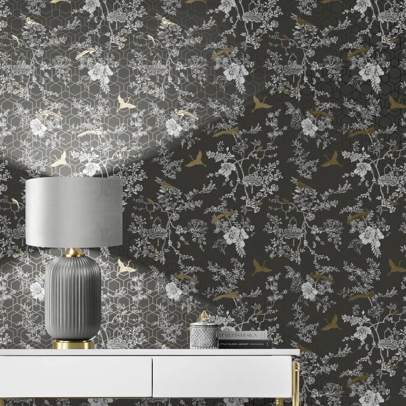 Himara Geo Floral Metallic Wallpaper - Charcoal/Gold - Lipsy London - 144071 - Premier Wallcovering