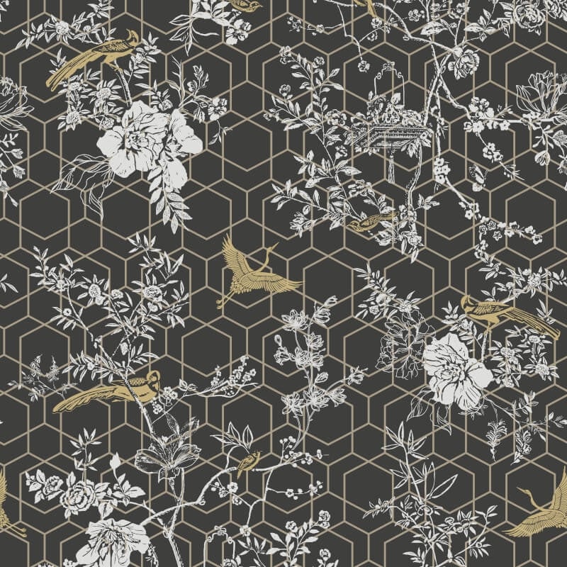 Himara Geo Floral Metallic Wallpaper - Charcoal/Gold - Lipsy London - 144071 - Premier Wallcovering