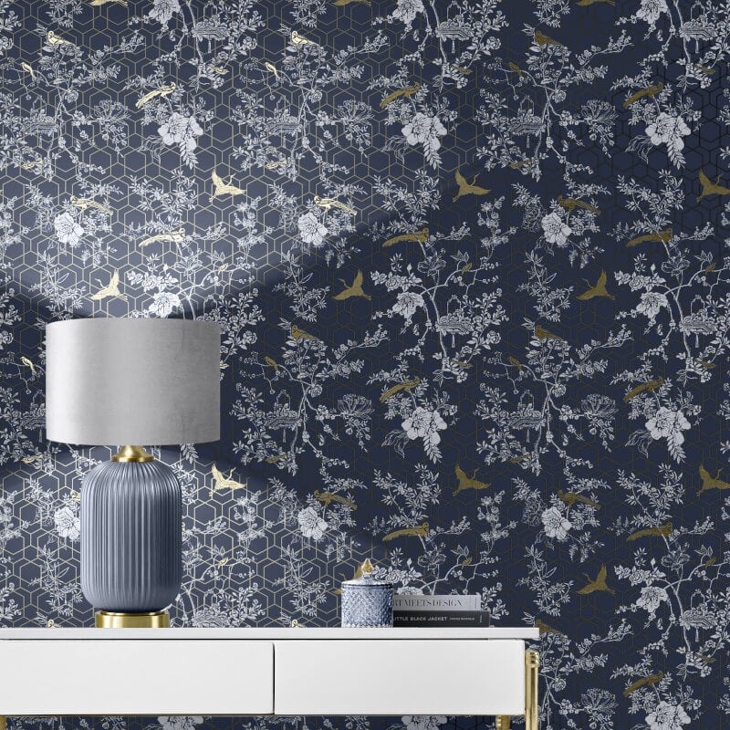 Himara Geo Floral Metallic Wallpaper - Blue/Gold - Lipsy London - 144070 - Premier Wallcovering