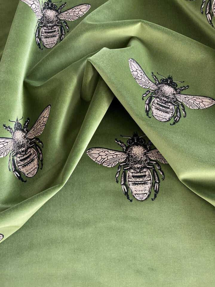 Honey Bee Velvet Fabric - Black & Pale Gold on Olive - Timorous Beasties - VHYB/8118/04 - Premier Wallcovering