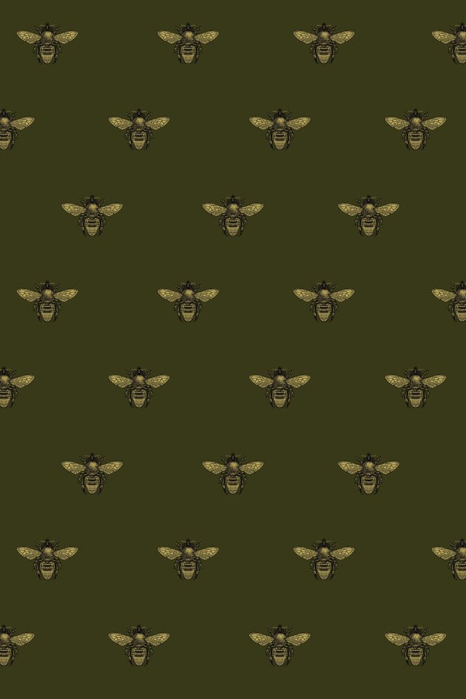 Honey Bee Velvet Fabric - Black & Pale Gold on Olive - Timorous Beasties - VHYB/8118/04 - Premier Wallcovering