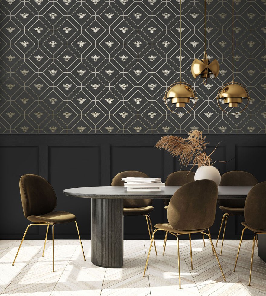 Honeycomb Bee Wallpaper - Charcoal_Gold - Holden Décor - 13081 - Premier Wallcovering