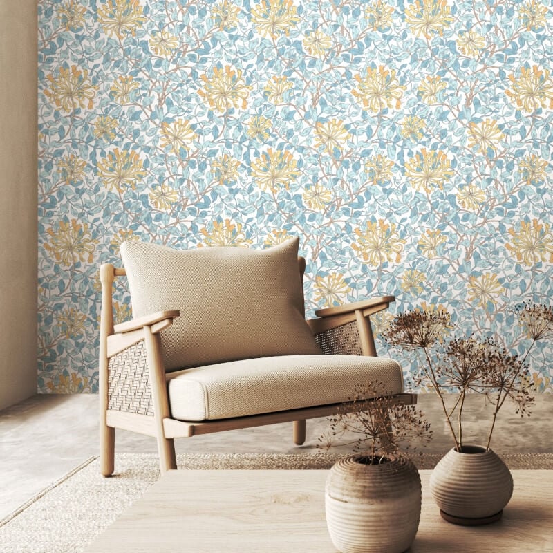Honeysuckle Leaf Trail Wallpaper - Soft Blue - Hoopla Walls - HWA1080W - Premier Wallcovering